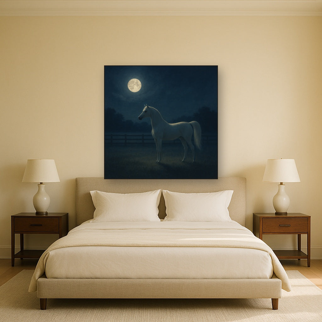 Moonlit Paddock with White Arabian Silhouette No. 11 Oil Painting - View 3