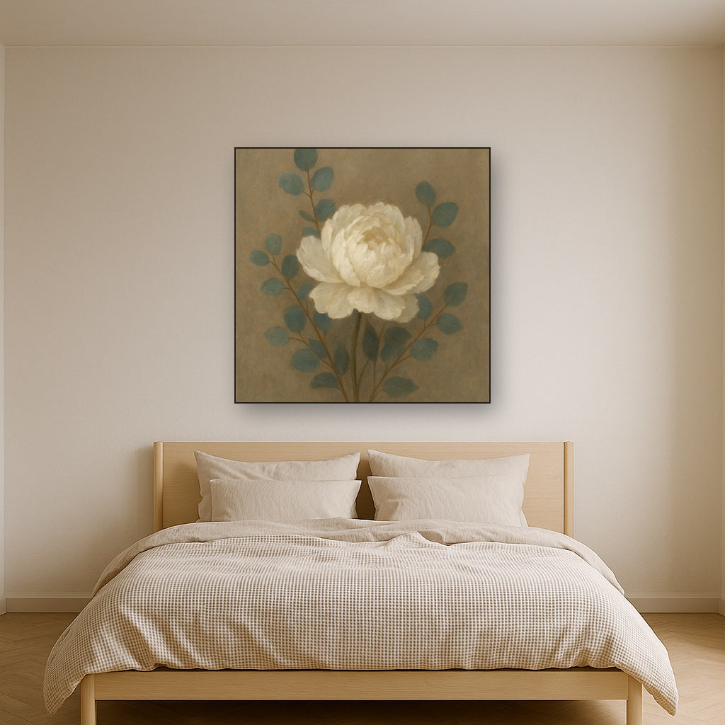 Eucalyptus & White Peony Minimalist Flora No. 9 Fine Art Oil Painting - View 3