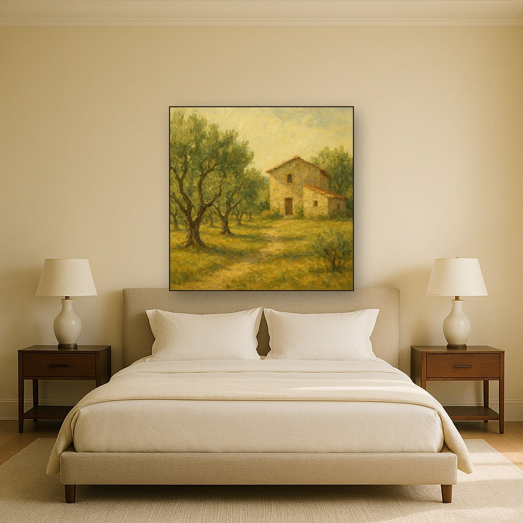 Vintage Olive Grove & Stone Farmhouse Oil Painting - Styled in Master Bedroom