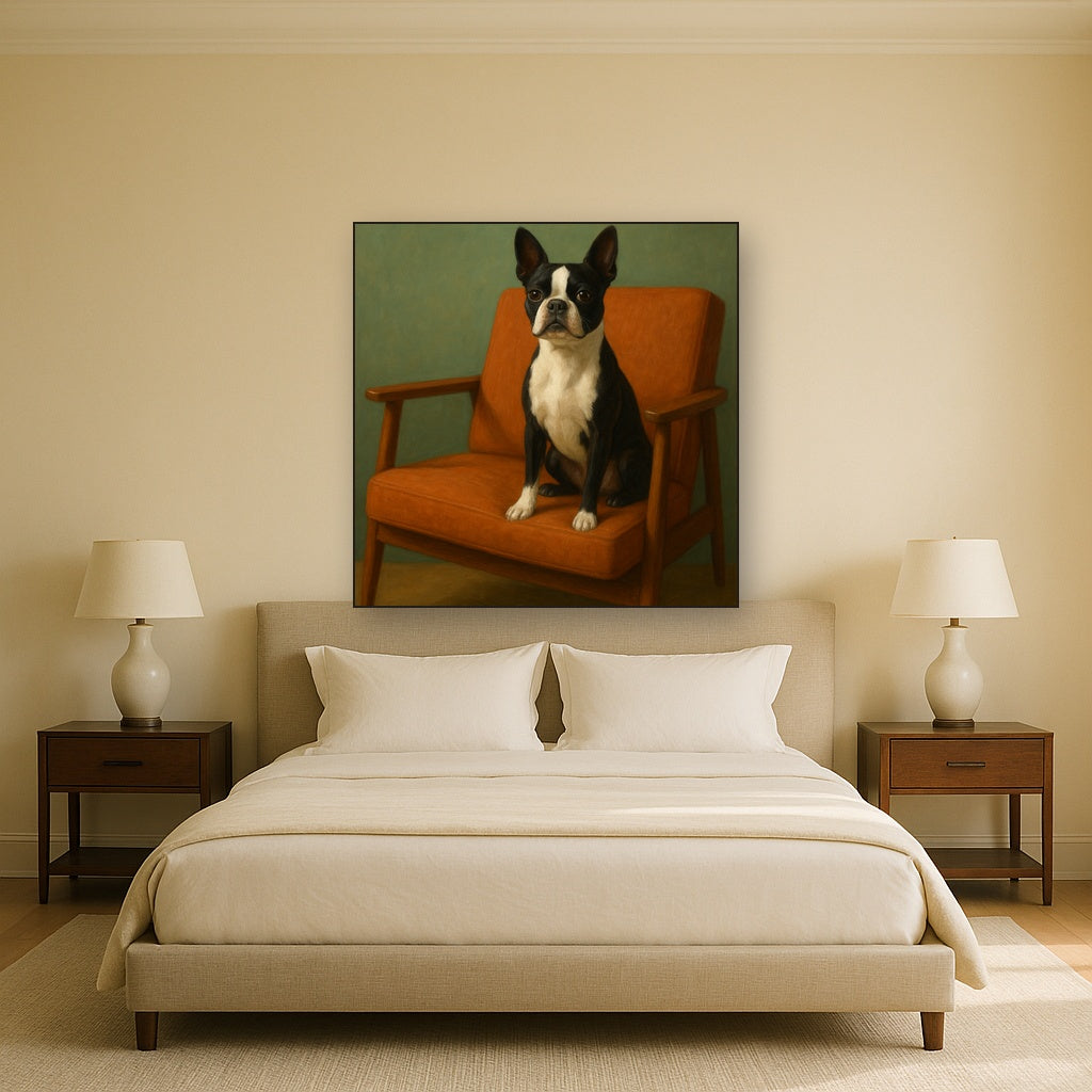 Boston Terrier in Warm Mid-Century Armchair No. 12 Fine Art Oil Painting - View 3