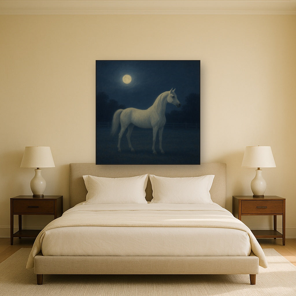 Moonlit Paddock with White Arabian Silhouette No. 2 Oil Painting - View 3