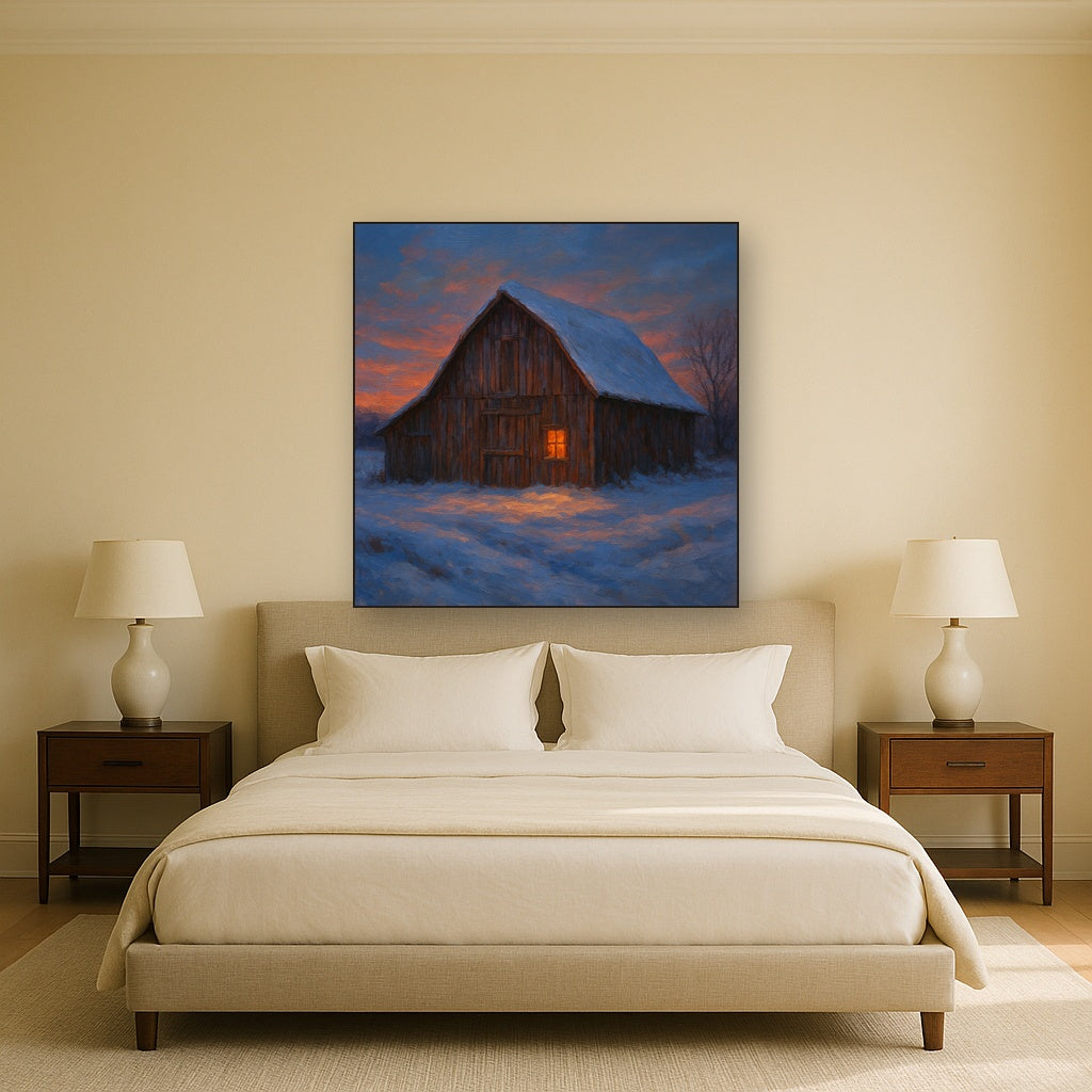 Rustic Wooden Barn in Quiet Winter Twilight Fine Art Oil Painting - View 3