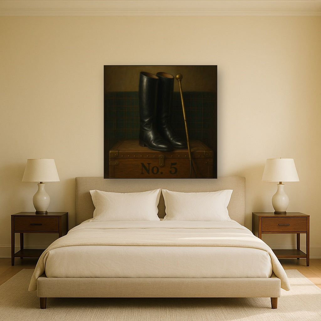 Vintage Riding Boots & Brass Crop on Trunk No. 5 Oil Painting Staged Above Master Bed in Bedroom, Calming Neutral Hand Painted Oil Art