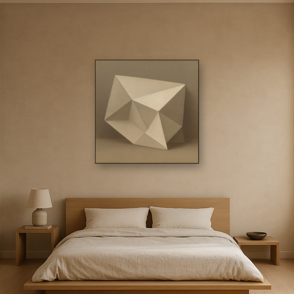 Folded Paper Geometry in Neutral Gradient Shadows No. 11 Oil Painting Staged Above Master Bed in Bedroom, Calming Neutral Hand Painted Oil Art