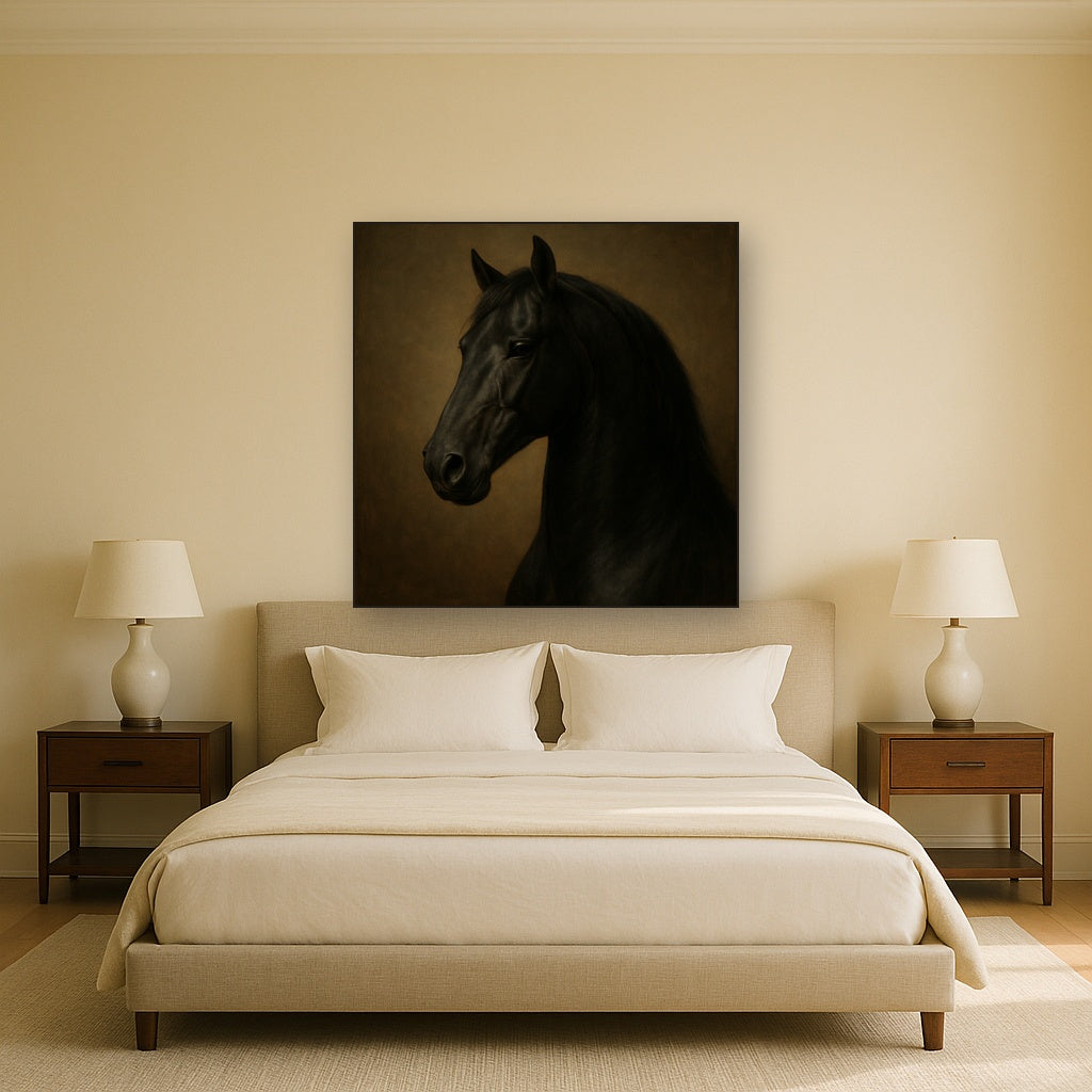 Dark Stallion Portrait in Classical Sfumato Oil Painting Staged Above Master Bed in Bedroom, Calming Neutral Hand Painted Oil Art