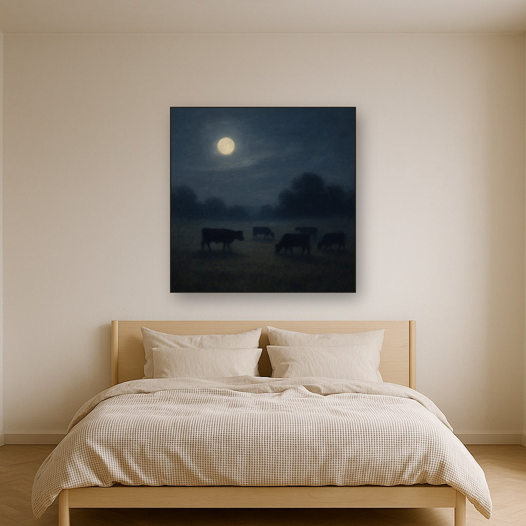 Moonlit Pastoral Meadow & Cattle Silhouettes No. 7 Oil Painting - View 3