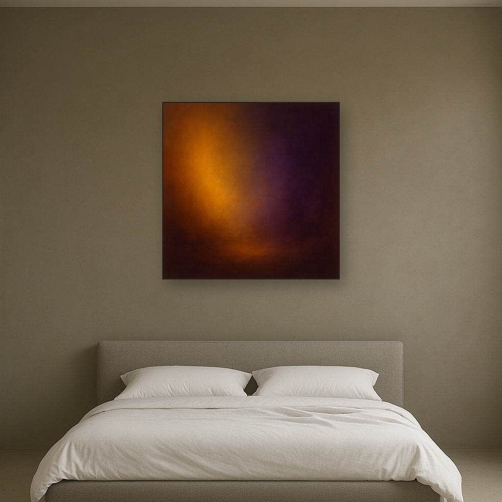 Burnt Amber & Velvet Amethyst Atmosphere No. 4 Oil Painting Staged Above Master Bed in Bedroom, Calming Neutral Hand Painted Oil Art