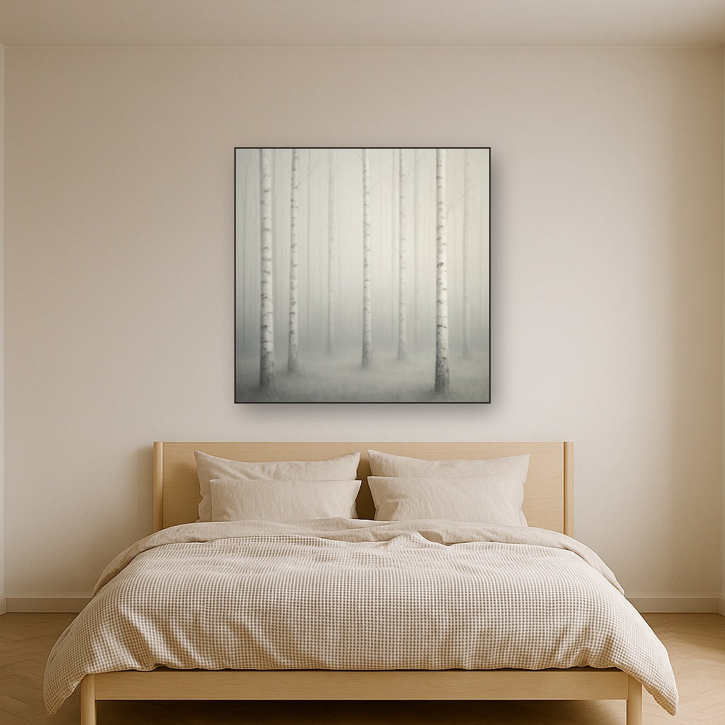 Pale Birch Woodland Silhouette in Whiteout No. 2 Oil Painting Staged Above Master Bed in Bedroom, Calming Neutral Hand Painted Oil Art