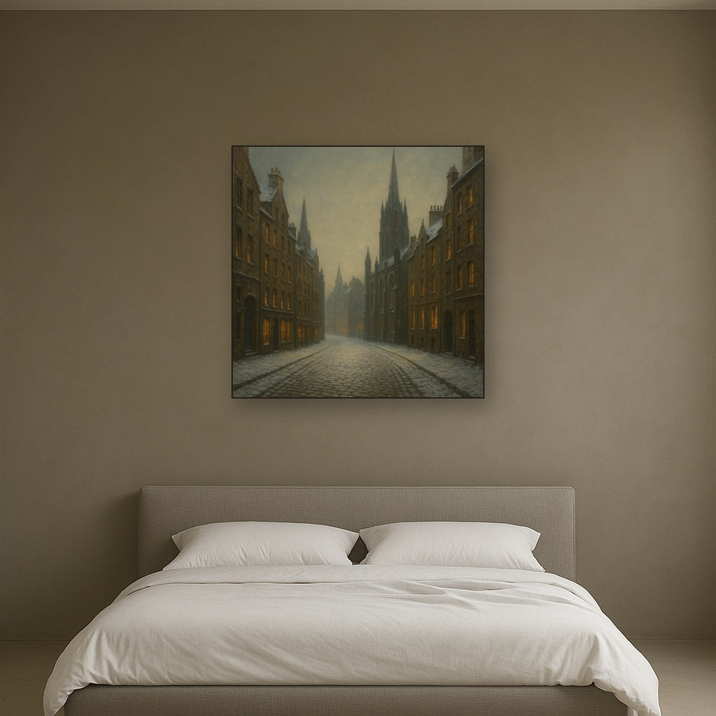 Edinburgh Old Town Royal Mile in Snow No. 14 Oil Painting Staged Above Master Bed in Bedroom, Calming Neutral Hand Painted Oil Art