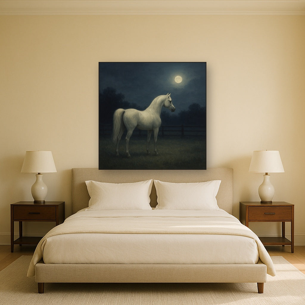 Moonlit Paddock with White Arabian Silhouette No. 6 Oil Painting - View 3