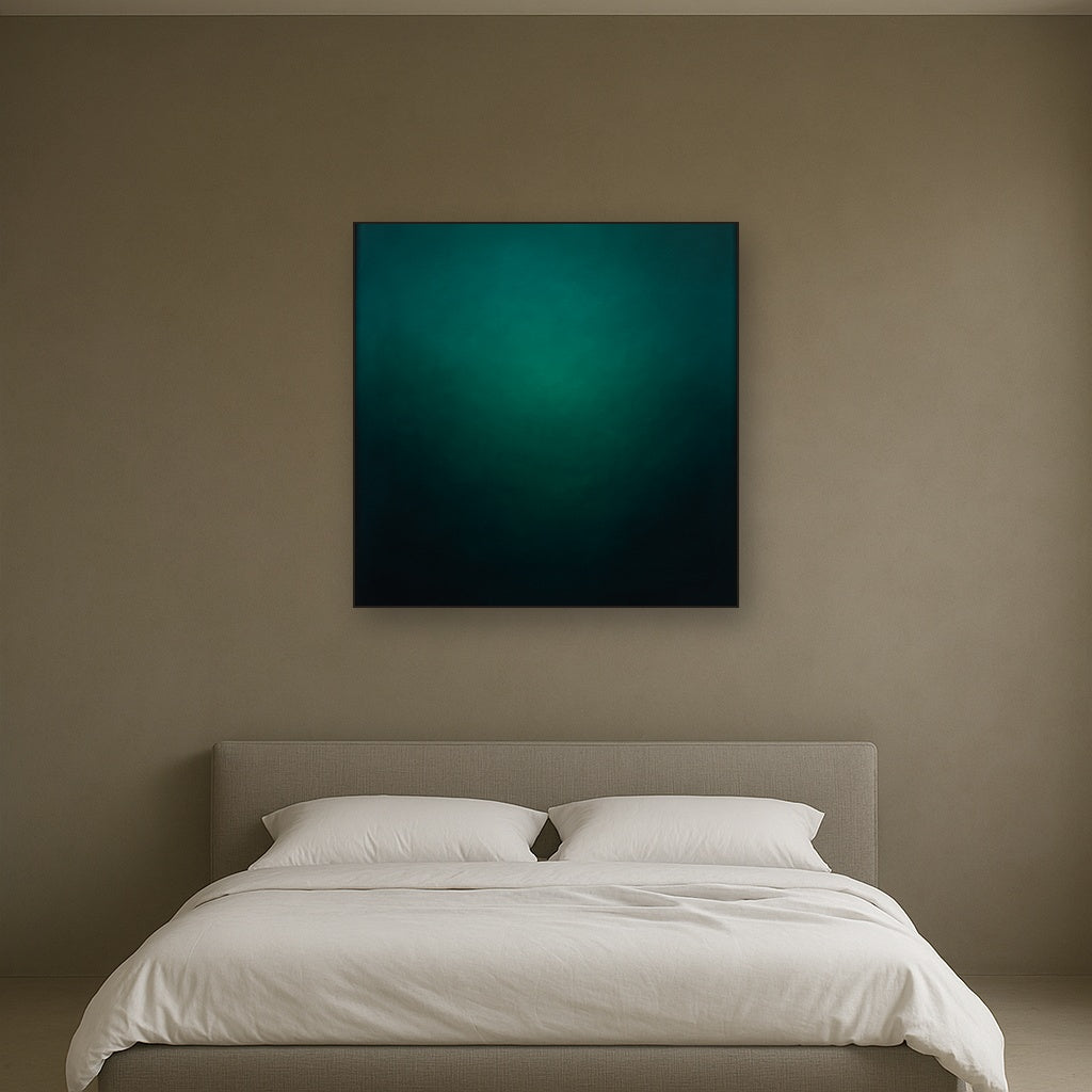 Midnight Teal & Deep Malachite Gradient No. 14 Oil Painting Staged Above Master Bed in Bedroom, Calming Neutral Hand Painted Oil Art