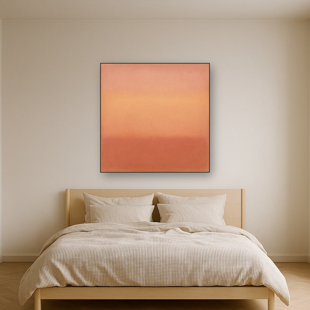 Blush Rose & Dusky Terracotta Ambient Glow No. 25 Oil Painting Staged Above Master Bed in Bedroom, Calming Neutral Hand Painted Oil Art