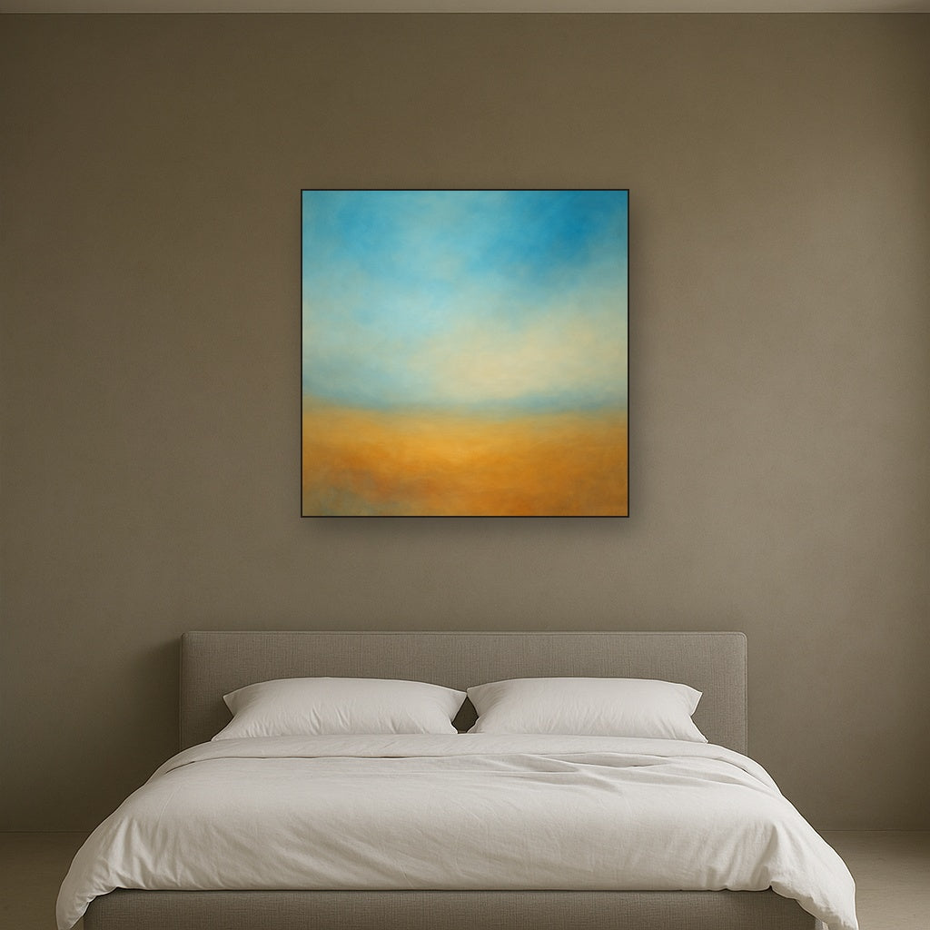 Celestial Azure & Warm Ochre Equilibrium No. 16 Oil Painting Staged Above Master Bed in Bedroom, Calming Neutral Hand Painted Oil Art