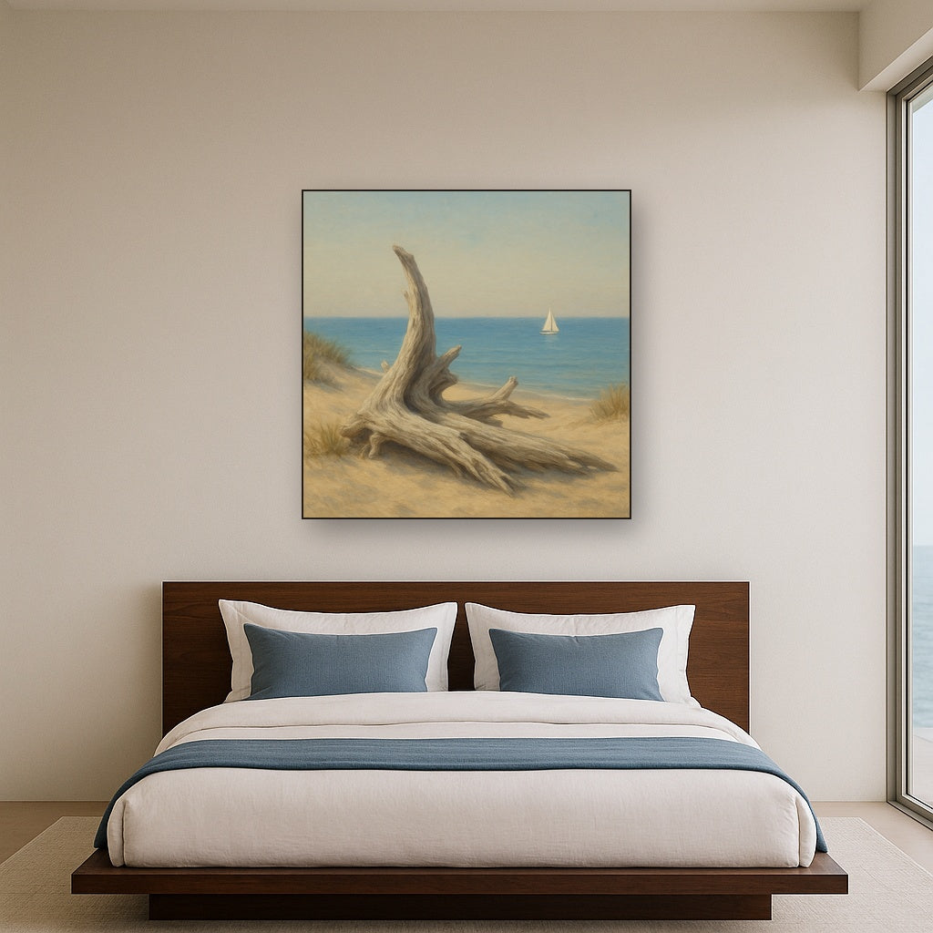 Sun-Bleached Driftwood & Distant Sailboat No. 17 Oil Painting - View 3