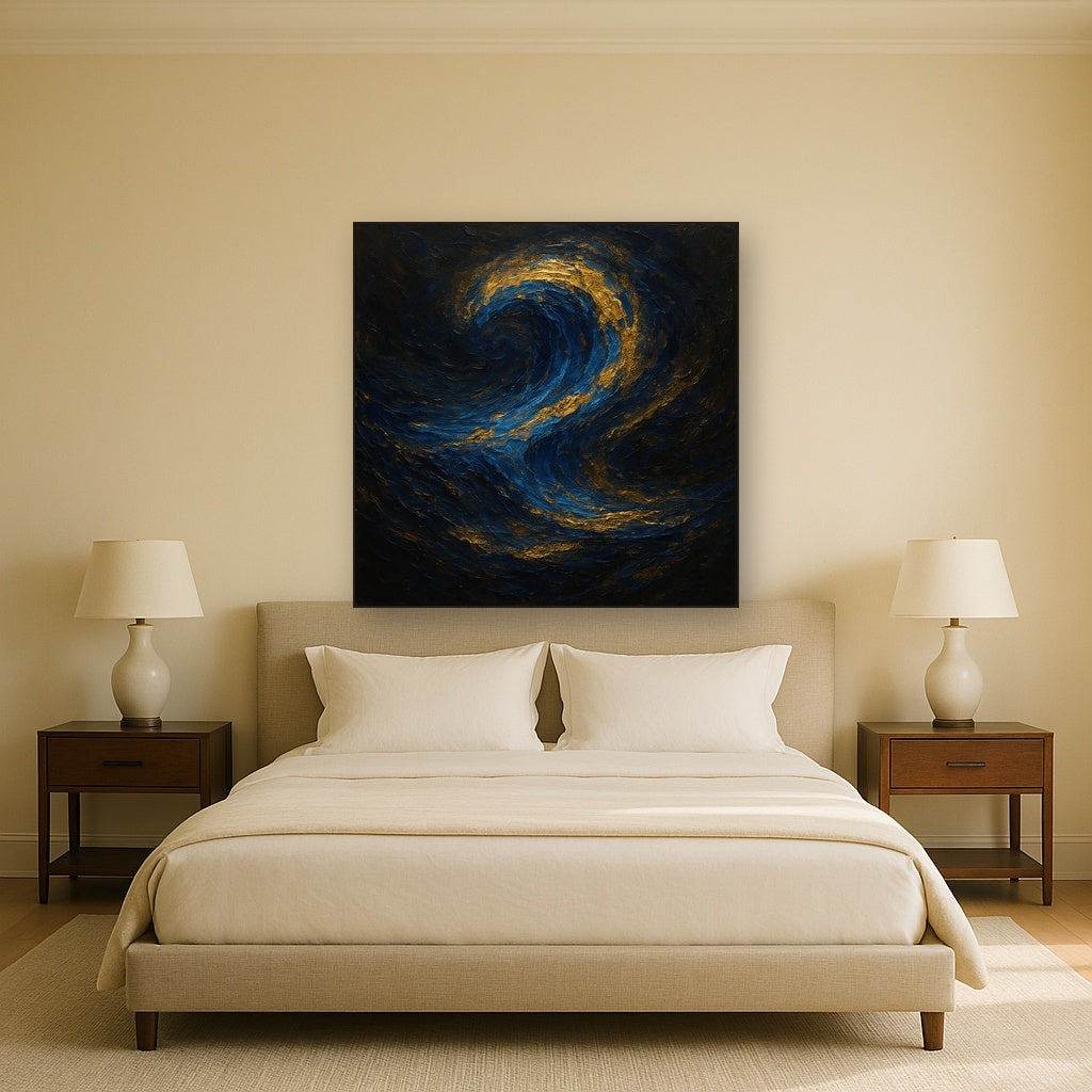 Imperial Sapphire & Midnight Wave No. 5 Oil Painting - Styled in Master Bedroom