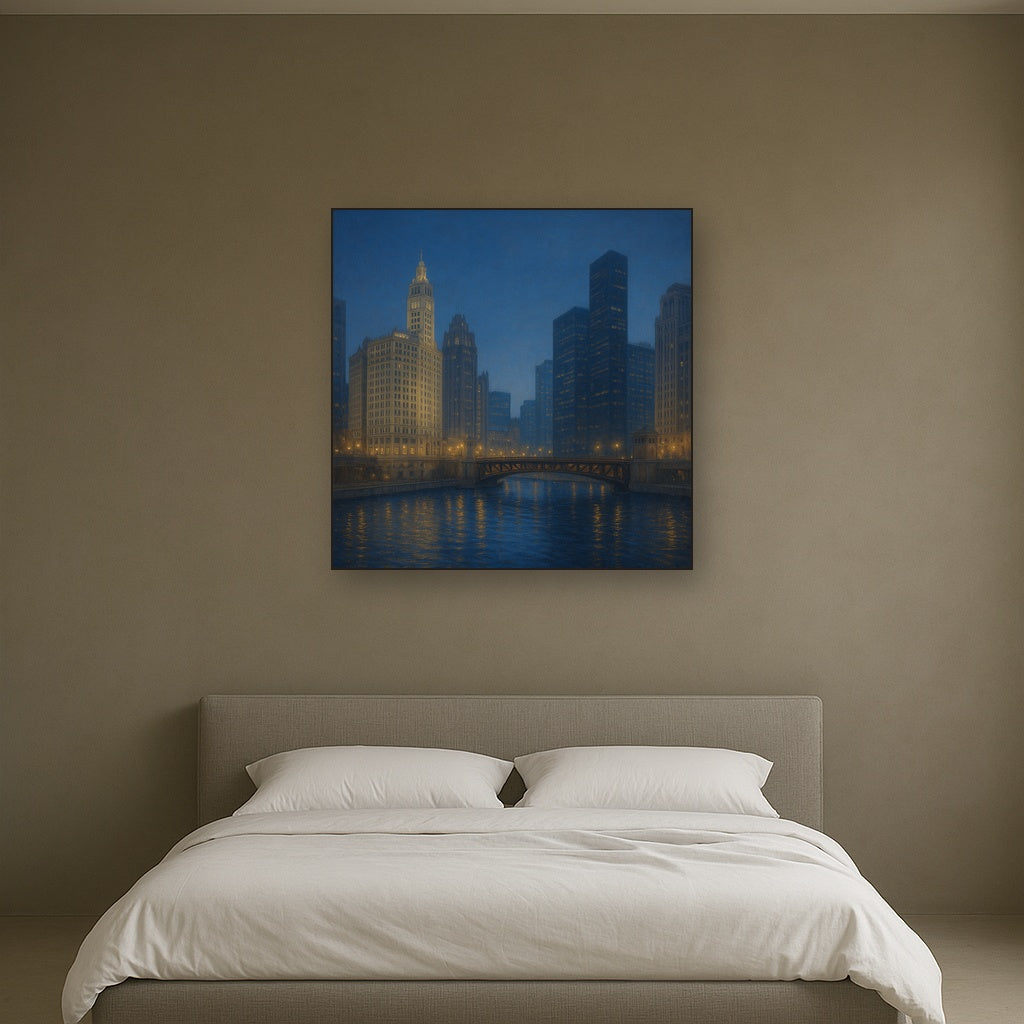 Chicago Riverfront Architecture at Blue Hour No. 3 Oil Painting - View 3