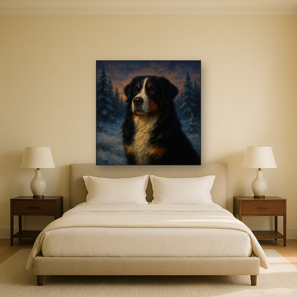 Bernese Mountain Dog in Winter Snowscape Fine Art Oil Painting - View 3