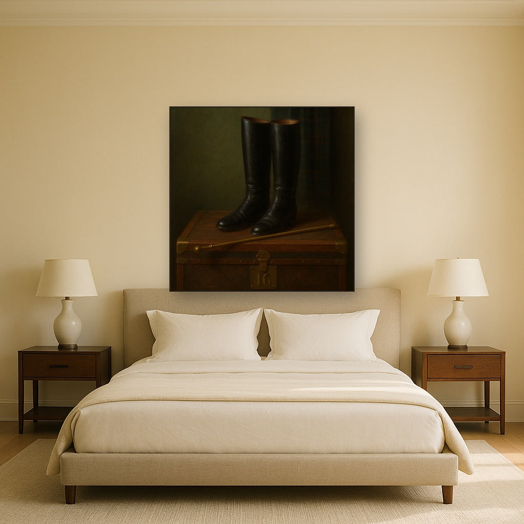 Vintage Riding Boots & Brass Crop on Trunk No. 16 Oil Painting - View 3