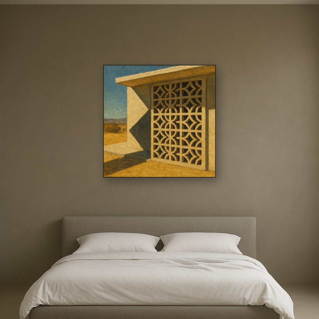 Desert Modern Breeze Block Shadow Oil Painting - Styled in Master Bedroom