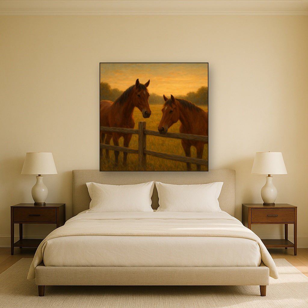 Two Horses at Rustic Post & Rail Fence No. 13 Oil Painting - View 3