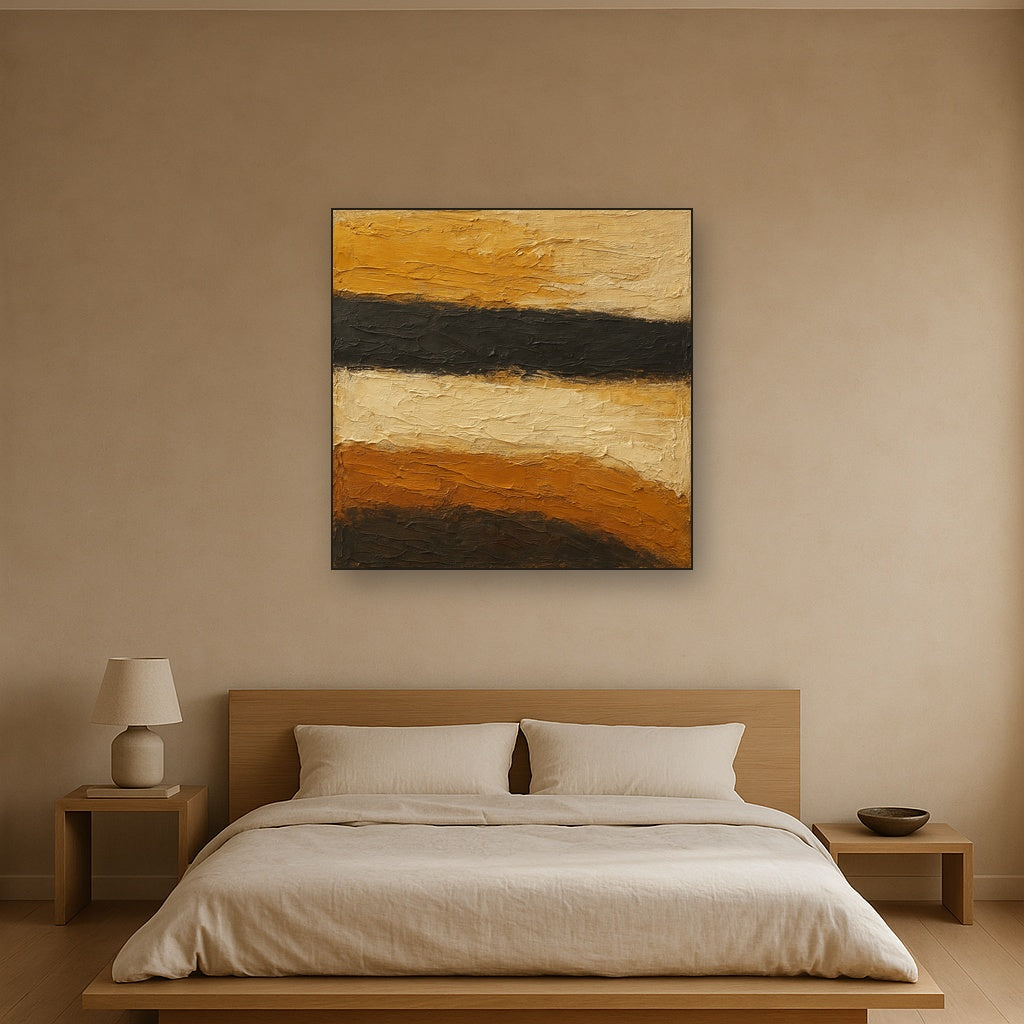 Charcoal & Ochre Horizon Wabi-Sabi Oil Painting - Styled in Master Bedroom