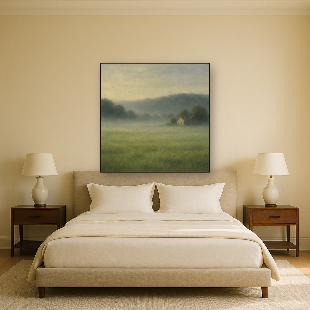Misty Morning Pasture with Distant Wooded Ridge No. 2 Fine Art Oil Painting - View 3