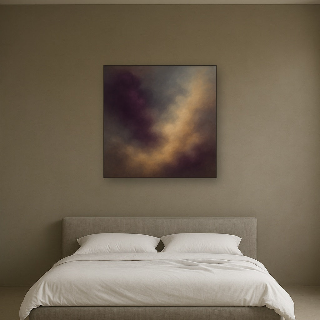 Gilded Plum & Soft Smoke Cloud Harmony No. 13 Oil Painting Staged Above Master Bed in Bedroom, Calming Neutral Hand Painted Oil Art
