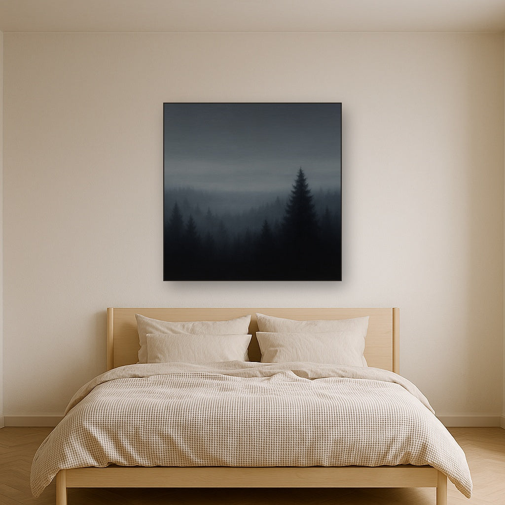 Dusk over Silent Pine Ridgeline in Charcoal Fog No. 3 Oil Painting Staged Above Master Bed in Bedroom, Calming Neutral Hand Painted Oil Art