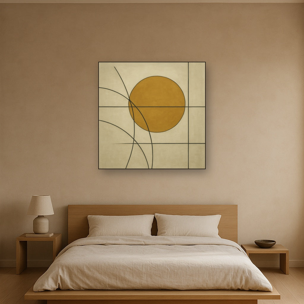Abstract Tangent Lines & Earthy Ochre Disc No. 14 Oil Painting - View 3