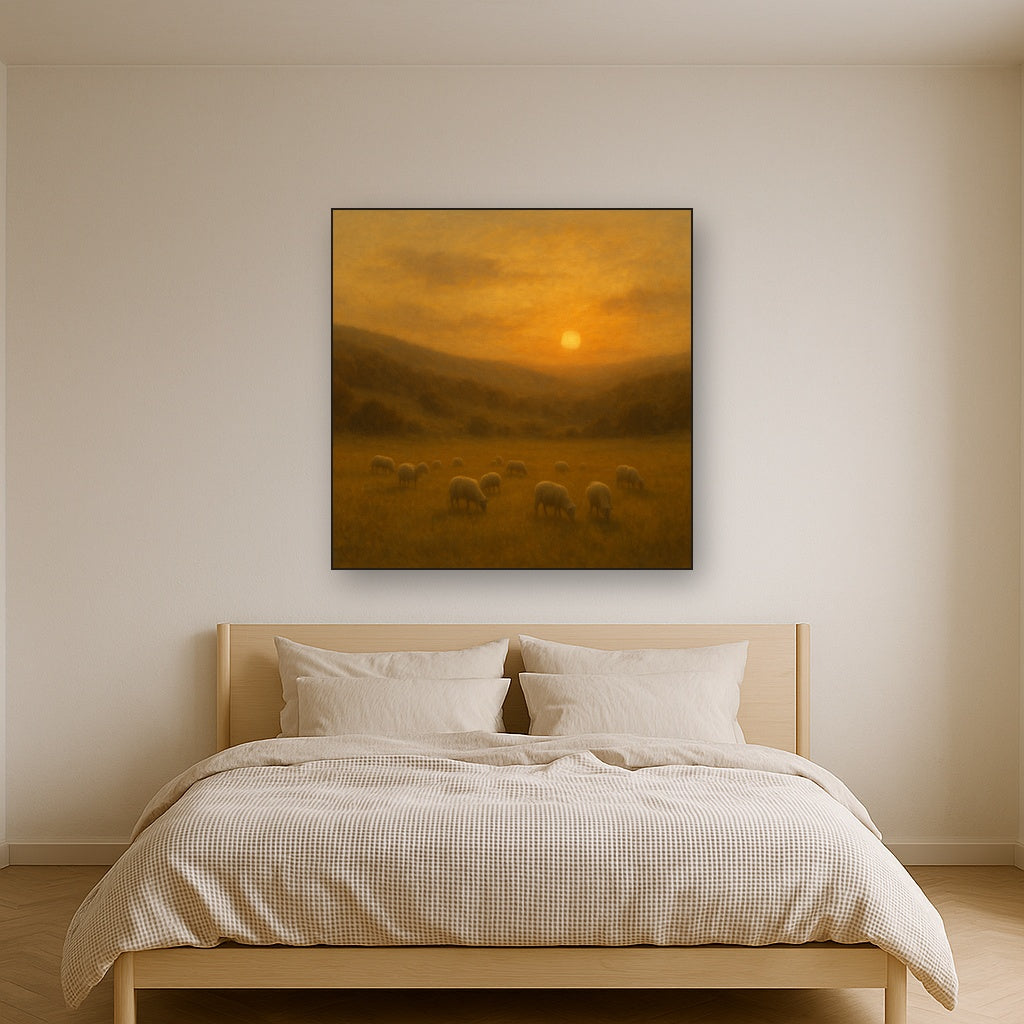 Sunset Grazing Flock in Golden Valley No. 3 Oil Painting - View 3