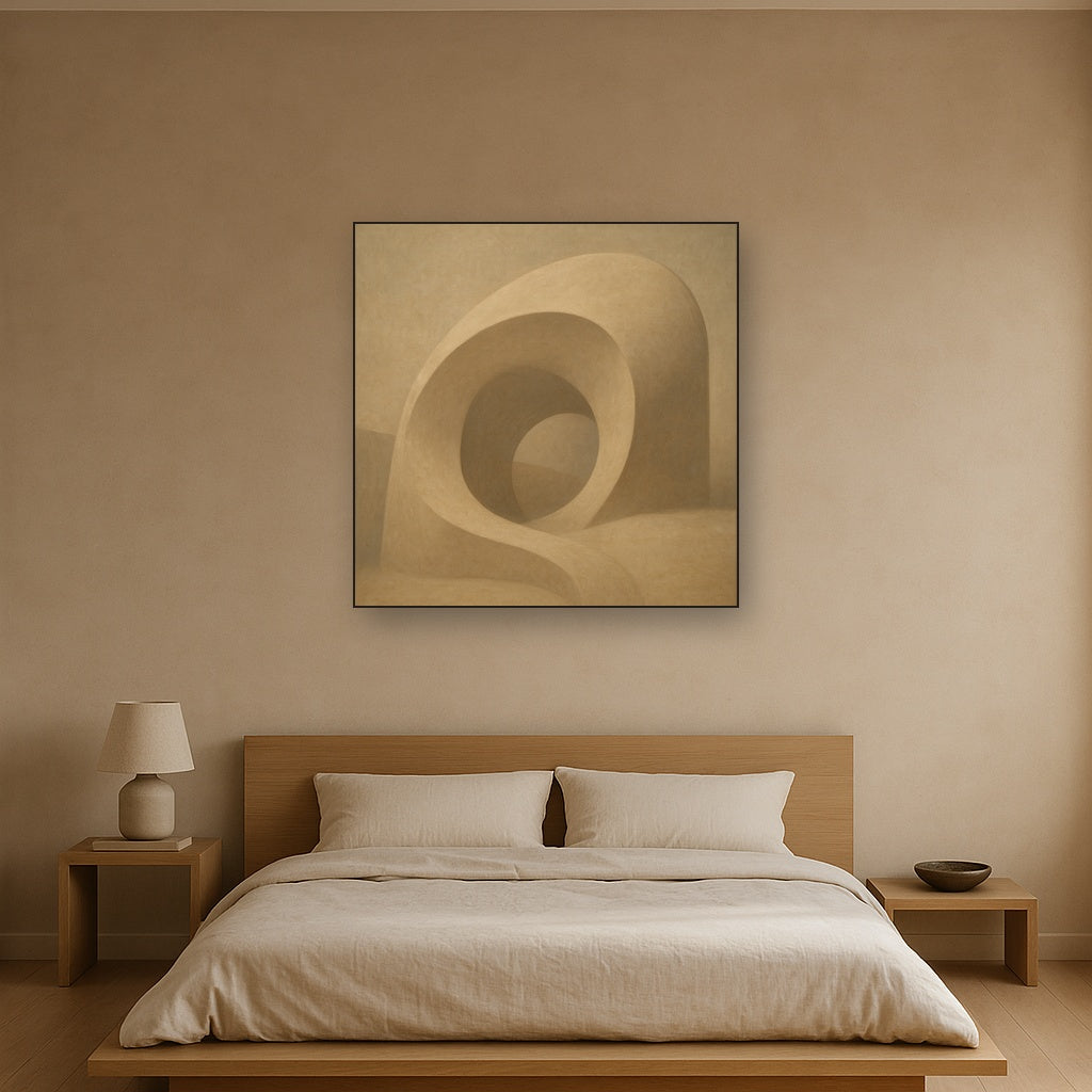Soft Architectural Curve in Desert Bone No. 21 Oil Painting Staged Above Master Bed in Bedroom, Calming Neutral Hand Painted Oil Art