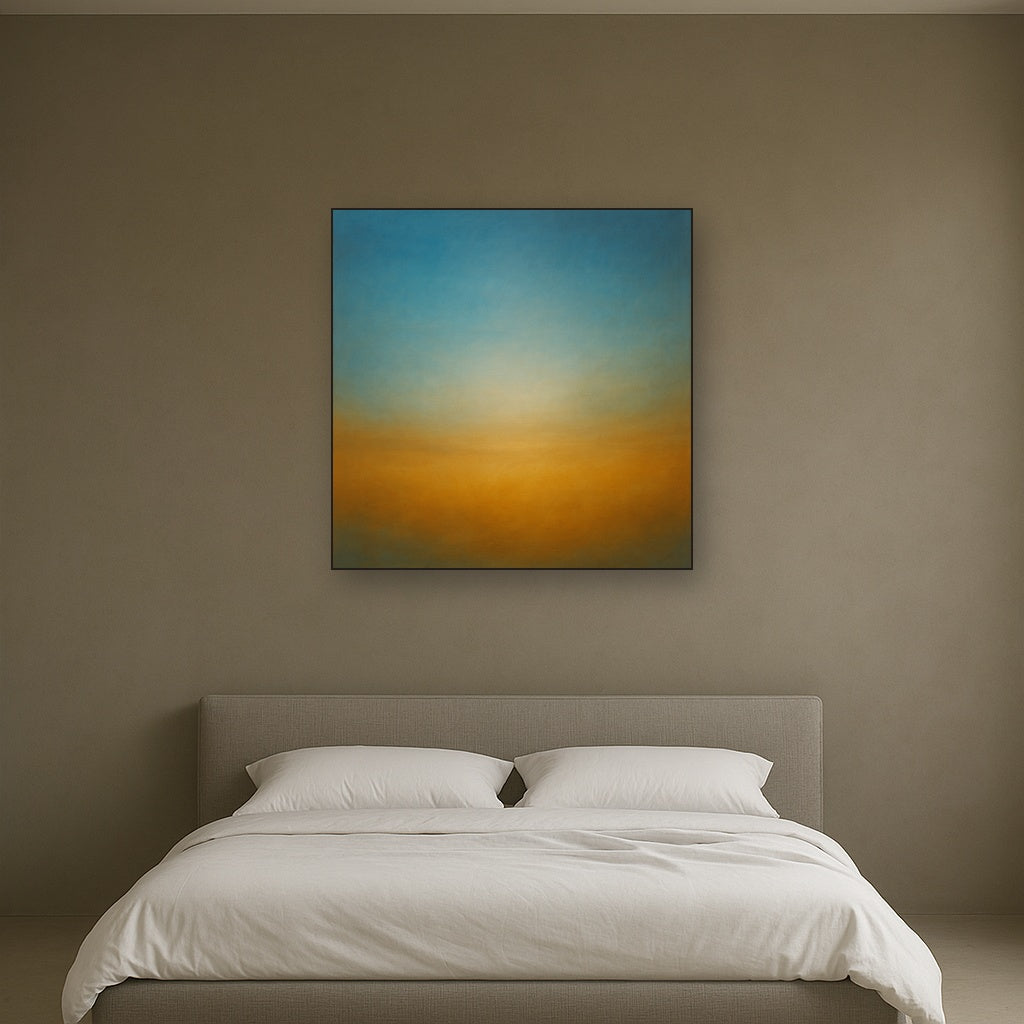 Celestial Azure & Warm Ochre Equilibrium Oil Painting Staged Above Master Bed in Bedroom, Calming Neutral Hand Painted Oil Art