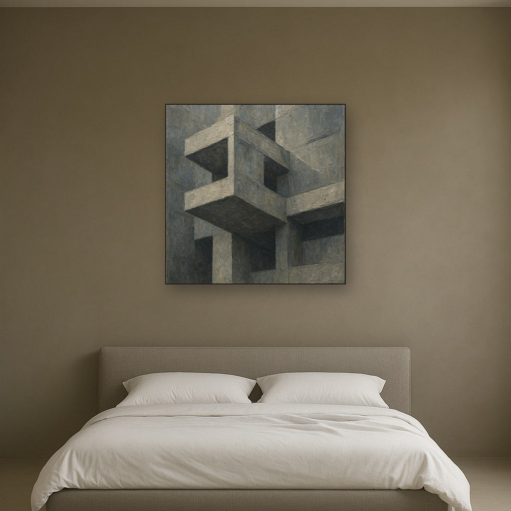 Brutalist Cantilevered Balcony Study Oil Painting - Styled in Master Bedroom