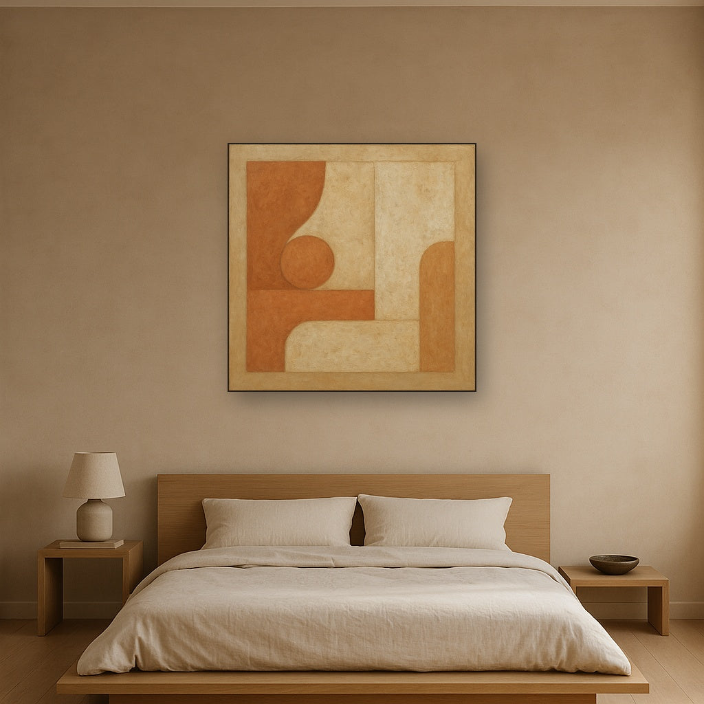 Earthy Terracotta & Weathered Plaster Wash No. 14 Oil Painting Staged Above Master Bed in Bedroom, Calming Neutral Hand Painted Oil Art