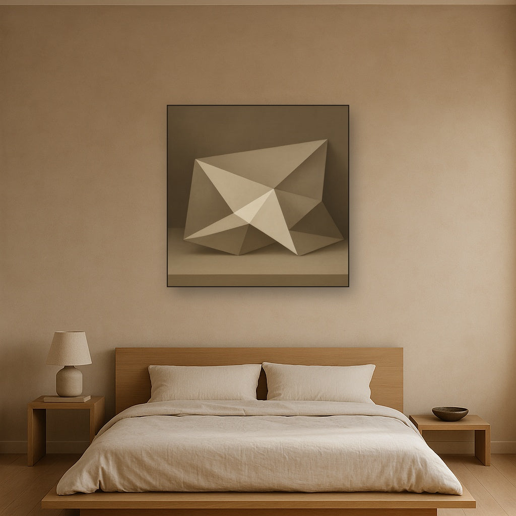 Folded Paper Geometry in Neutral Gradient Shadows No. 24 Oil Painting Staged Above Master Bed in Bedroom, Calming Neutral Hand Painted Oil Art