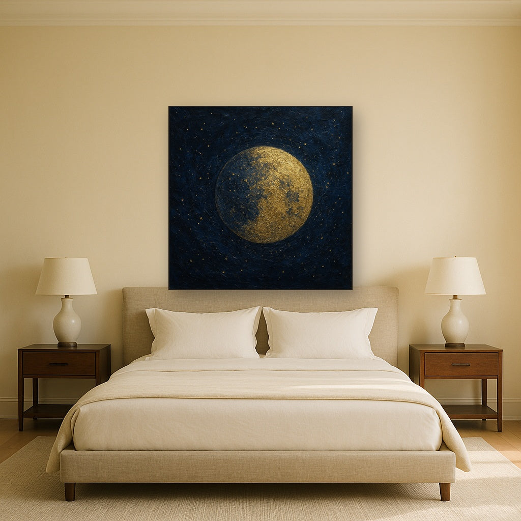 Midnight Celestial Gold Sphere Luxury Oil Painting - Styled in Master Bedroom