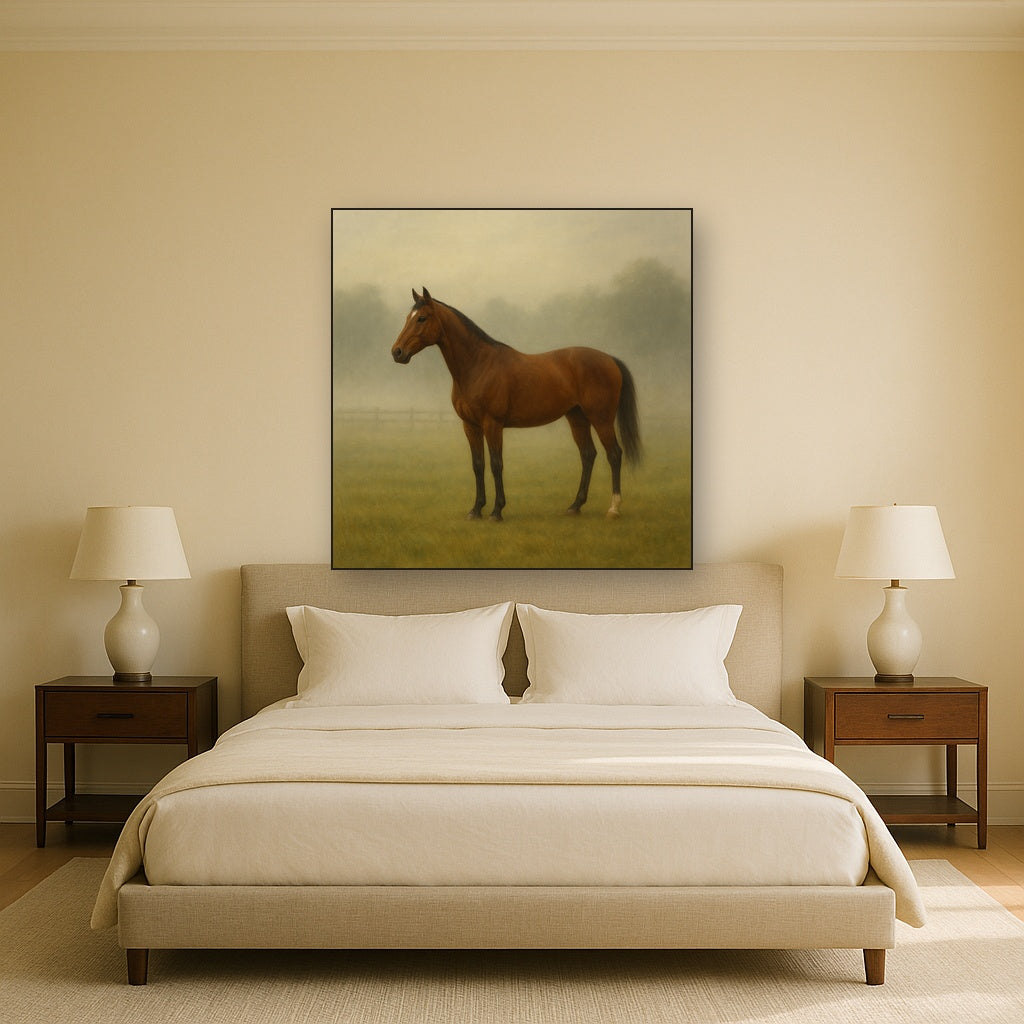 Thoroughbred in Morning Pasture Mist No. 17 Oil Painting - View 3