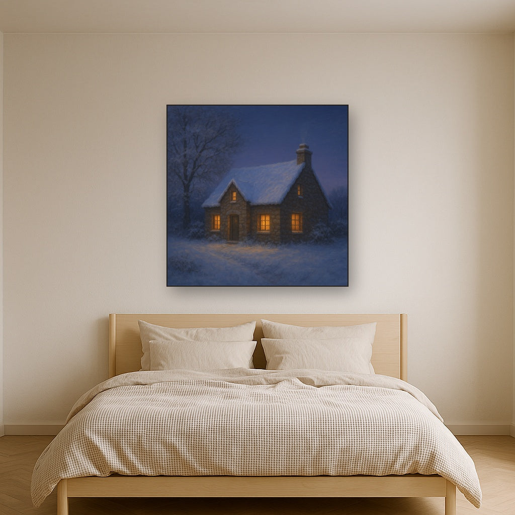 Snow-Dusted Stone Cottage at Twilight No. 5 Oil Painting - View 3