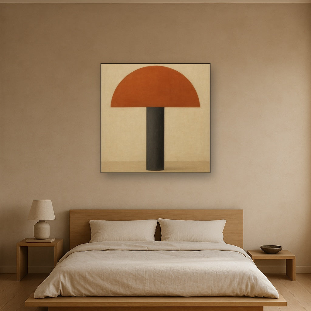 Semicircle Horizon & Minimalist Pillar Oil Painting Staged Above Master Bed in Bedroom, Calming Neutral Hand Painted Oil Art