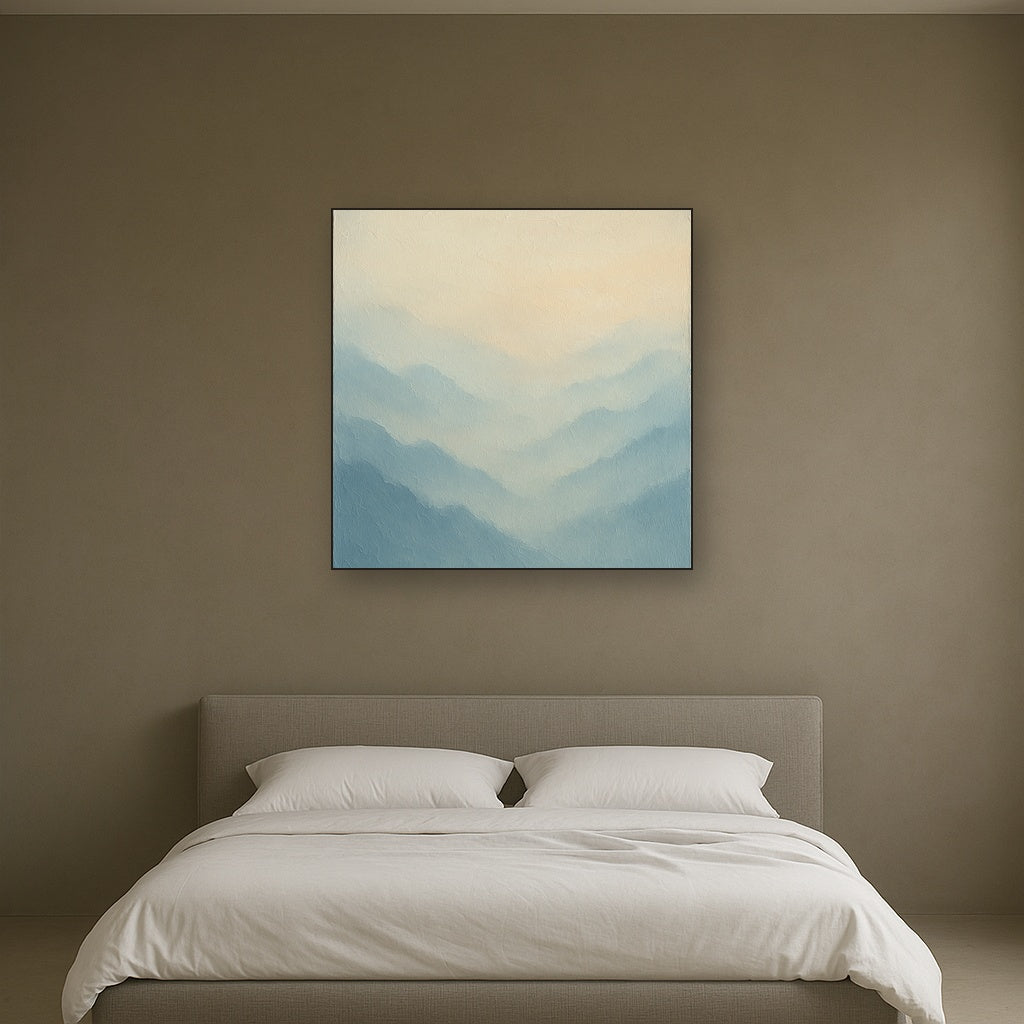 Alpine Mist Abstract Modern Oil Painting - Styled in Master Bedroom