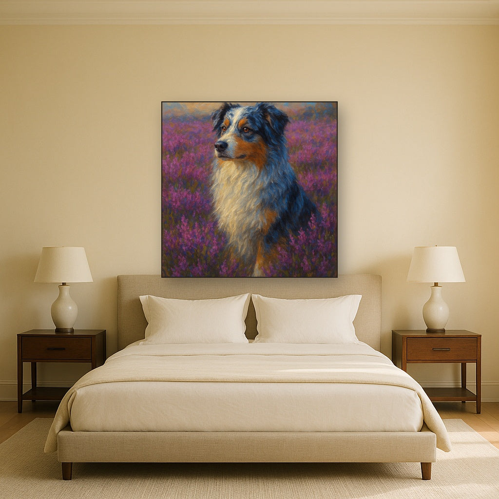 Australian Shepherd in Blooming Heather Field No. 13 Fine Art Oil Painting - View 3