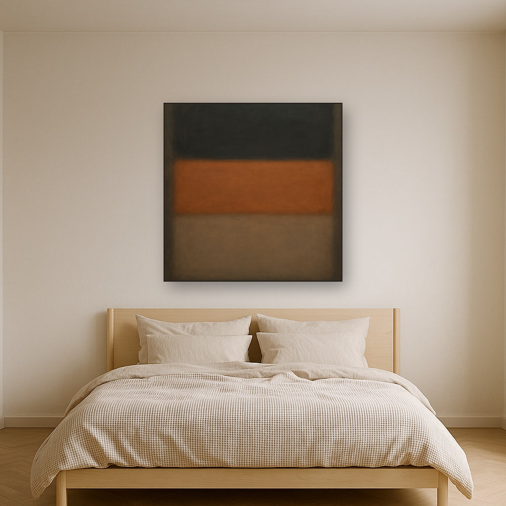 Charcoal Slate & Burnished Copper Horizon No. 14 Oil Painting Staged Above Master Bed in Bedroom, Calming Neutral Hand Painted Oil Art