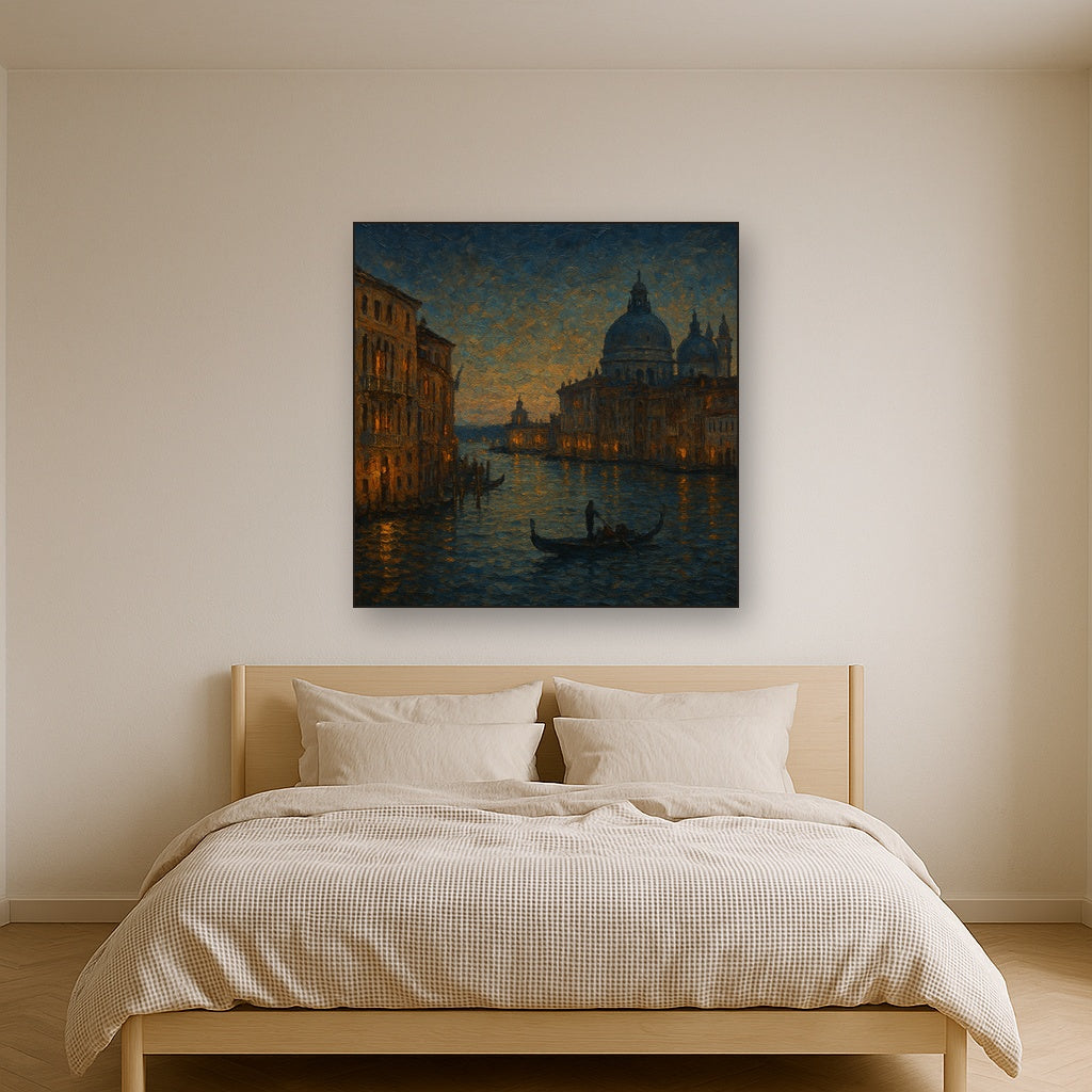 Vintage Venetian Grand Canal at Twilight Oil Painting - Styled in Master Bedroom