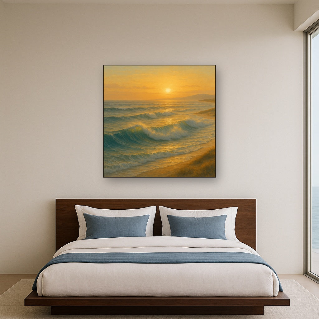 Golden Hour Sunlight on Ocean Swells Oil Painting - View 3