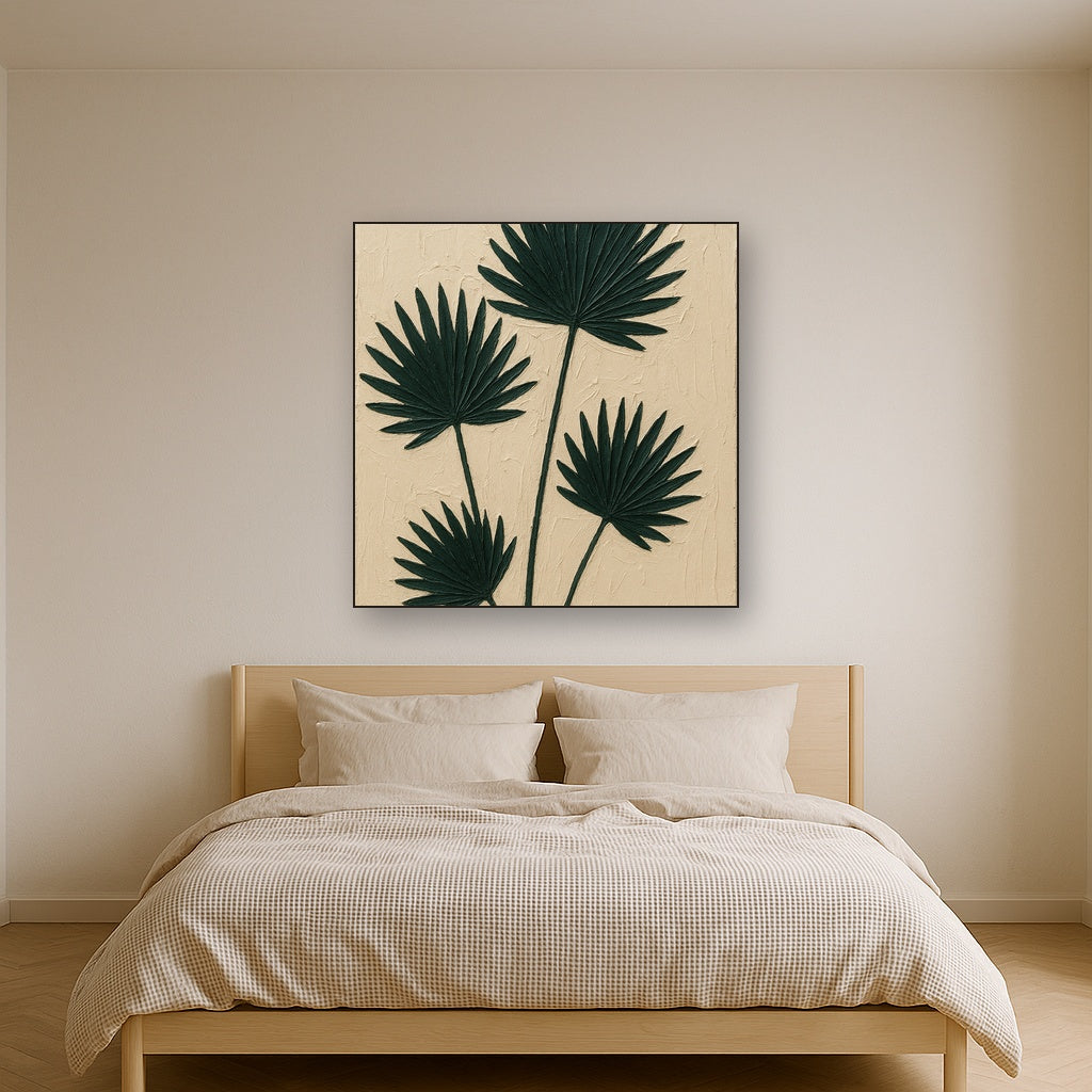 Sculptural Palm Fronds Botanical Oil Painting - Styled in Master Bedroom