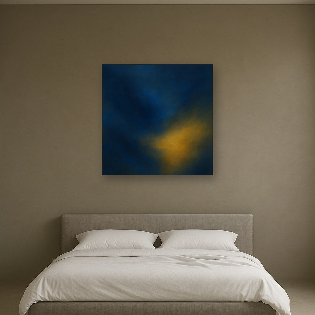 Lapis Lazuli & Golden Ochre Luminous Field No. 8 Oil Painting Staged Above Master Bed in Bedroom, Calming Neutral Hand Painted Oil Art