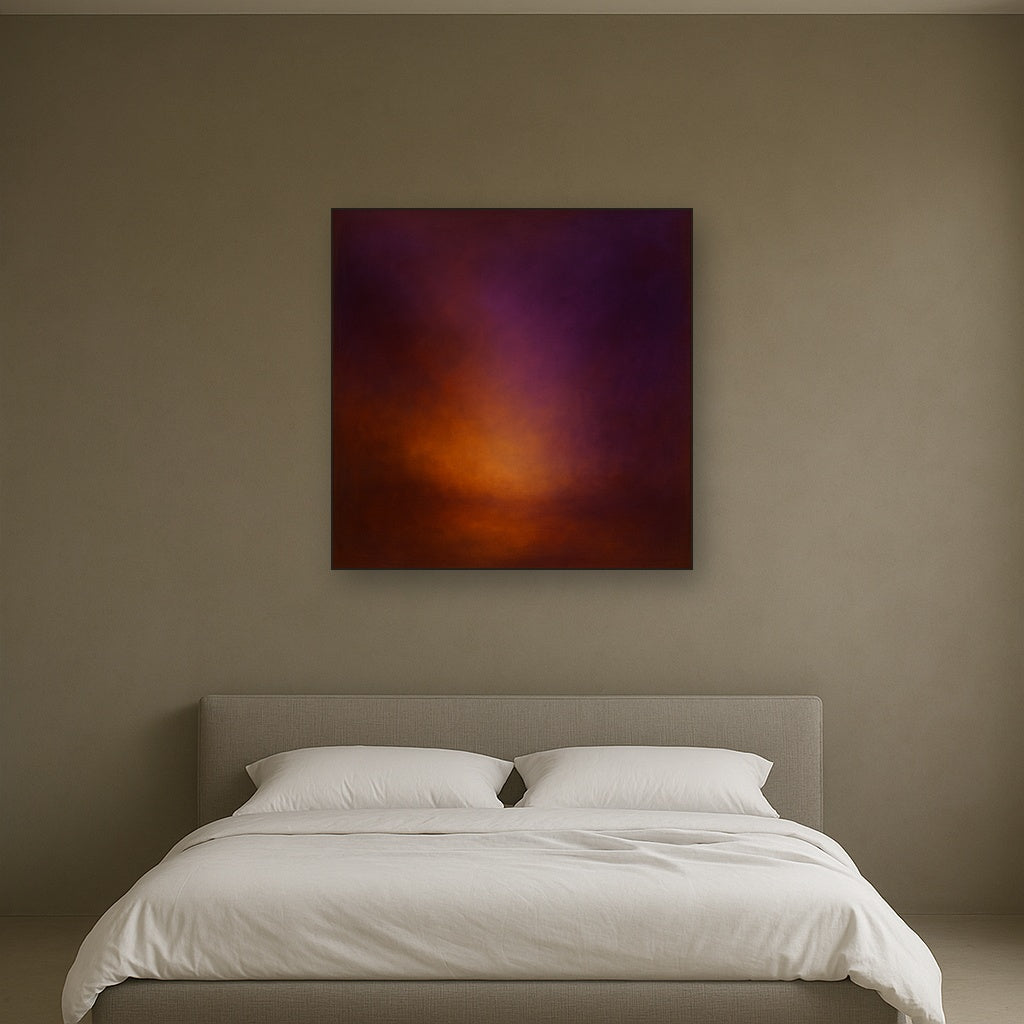 Burnt Amber & Velvet Amethyst Atmosphere No. 12 Oil Painting Staged Above Master Bed in Bedroom, Calming Neutral Hand Painted Oil Art