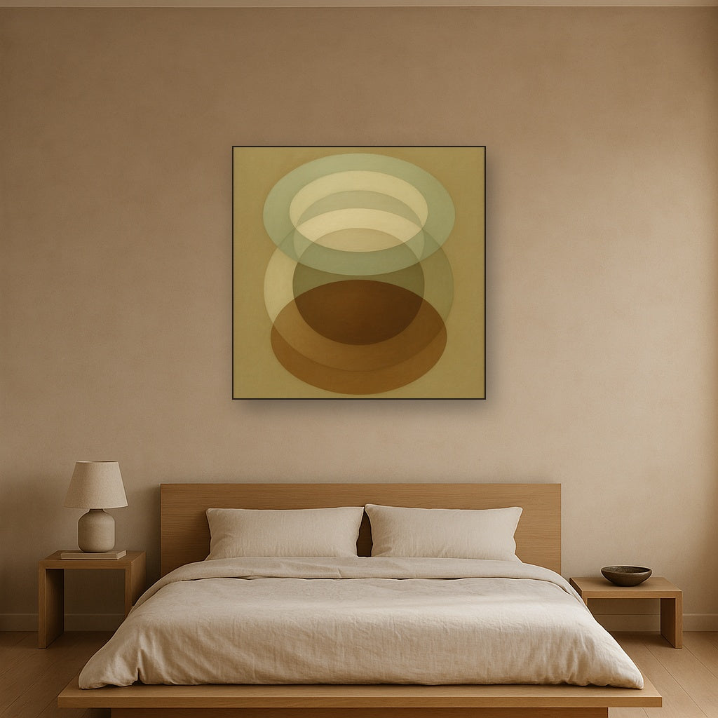 Floating Ellipse Harmony in Walnut & Pale Sage No. 9 Oil Painting Staged Above Master Bed in Bedroom, Calming Neutral Hand Painted Oil Art