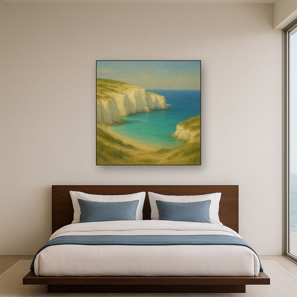 Mediterranean White Cliffs & Turquoise Cove No. 18 Oil Painting Staged Above Master Bed in Bedroom, Calming Neutral Hand Painted Oil Art