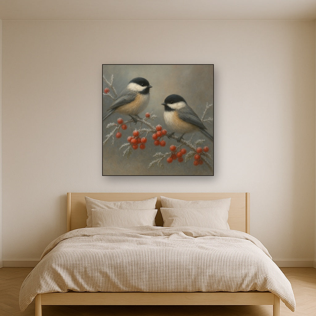 Winter Birds on Frosty Red Berry Branch No. 8 Oil Painting - View 3